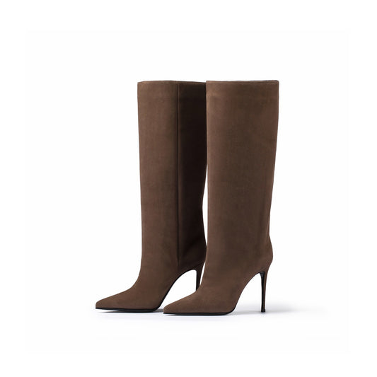 Dark Gray Faux Suede Pointed-Toe Simple Wide Calf Knee High Tall Stiletto Boots
