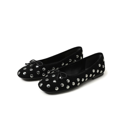 Black Faux Suede Square-Toe Studded Slip-On Flats