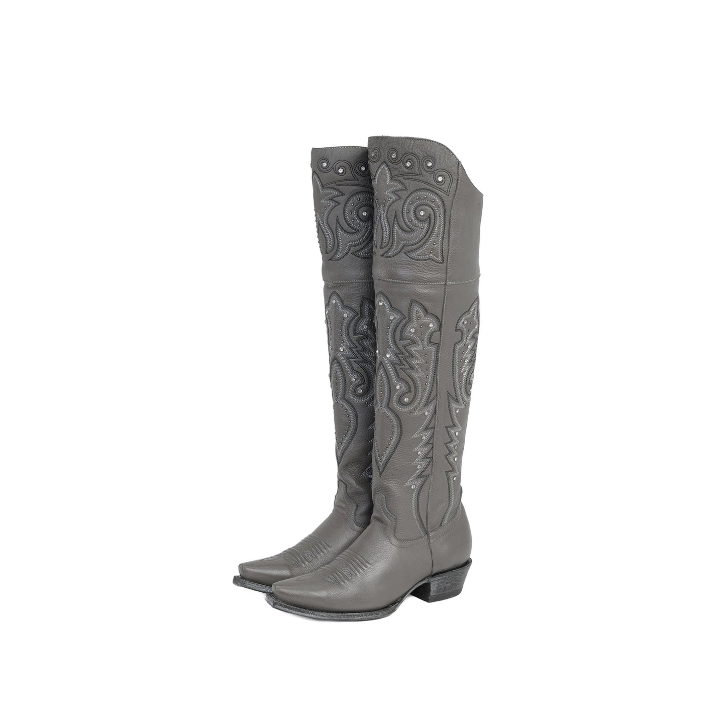 Gray Snip-Toe Embroidery Rhinestone Studs Half-Zip Knee High Cowgirl Boots