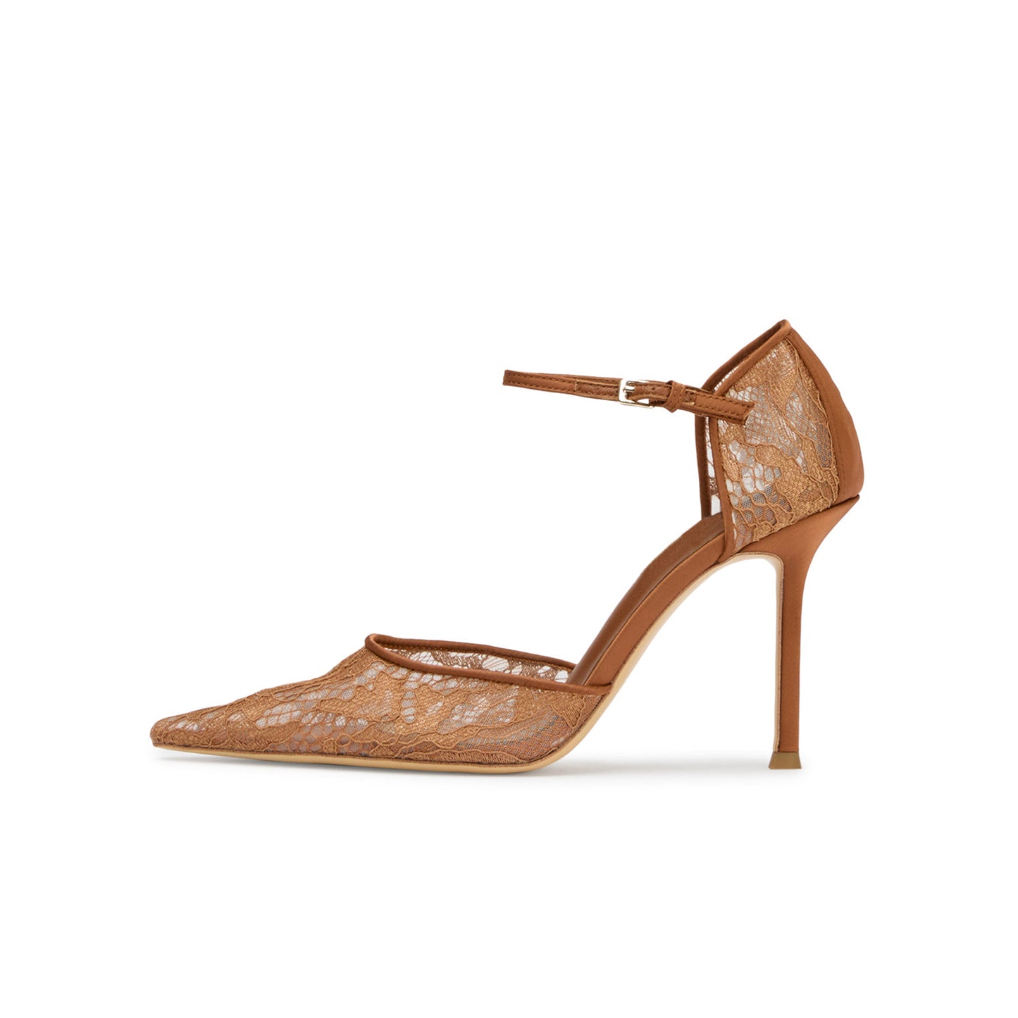 Rust Lace Mesh Pointed-Toe Satin Ankle Strap High Heels