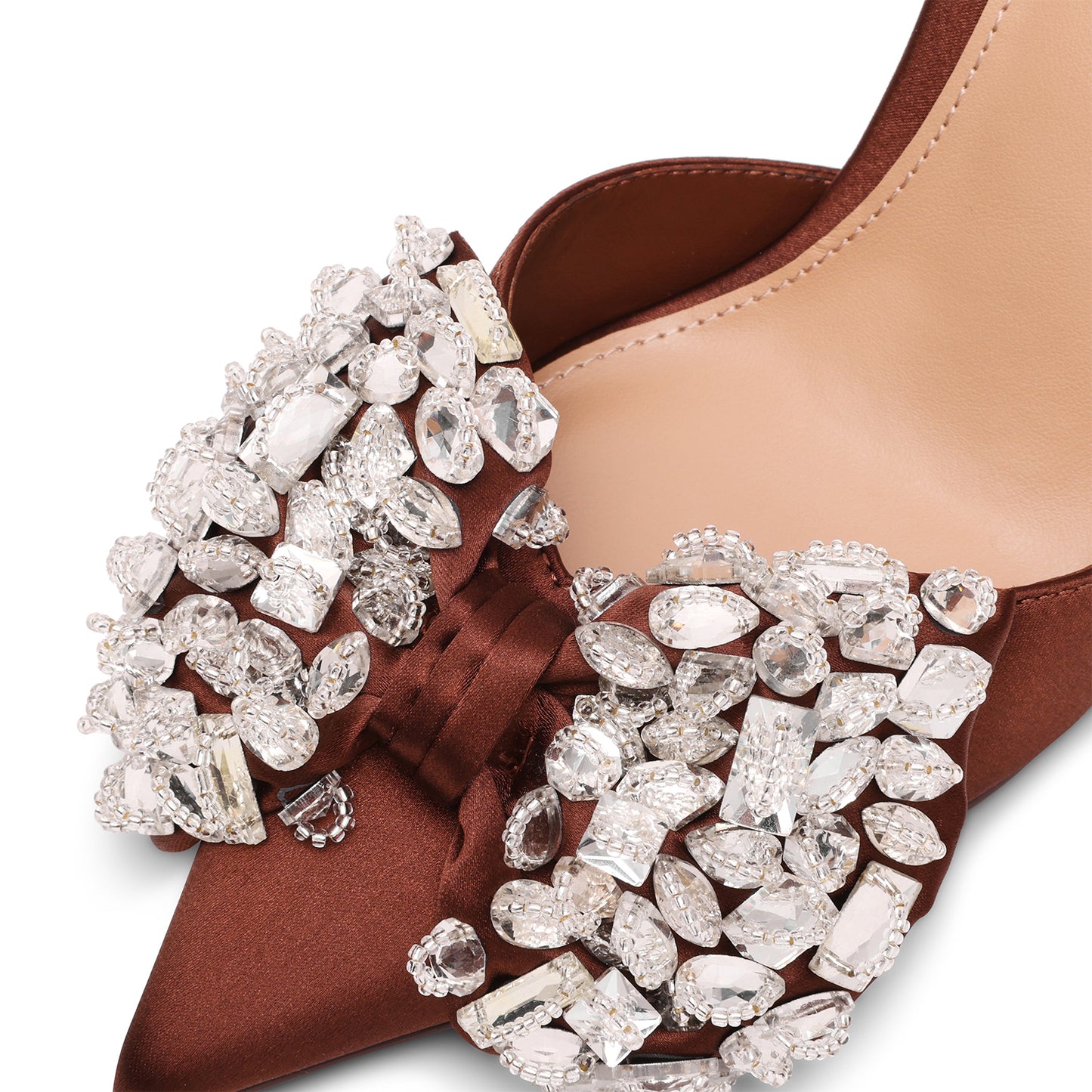 Brown Satin Pointed-Toe Crystals Front Bow Slingback High Heels Pumps