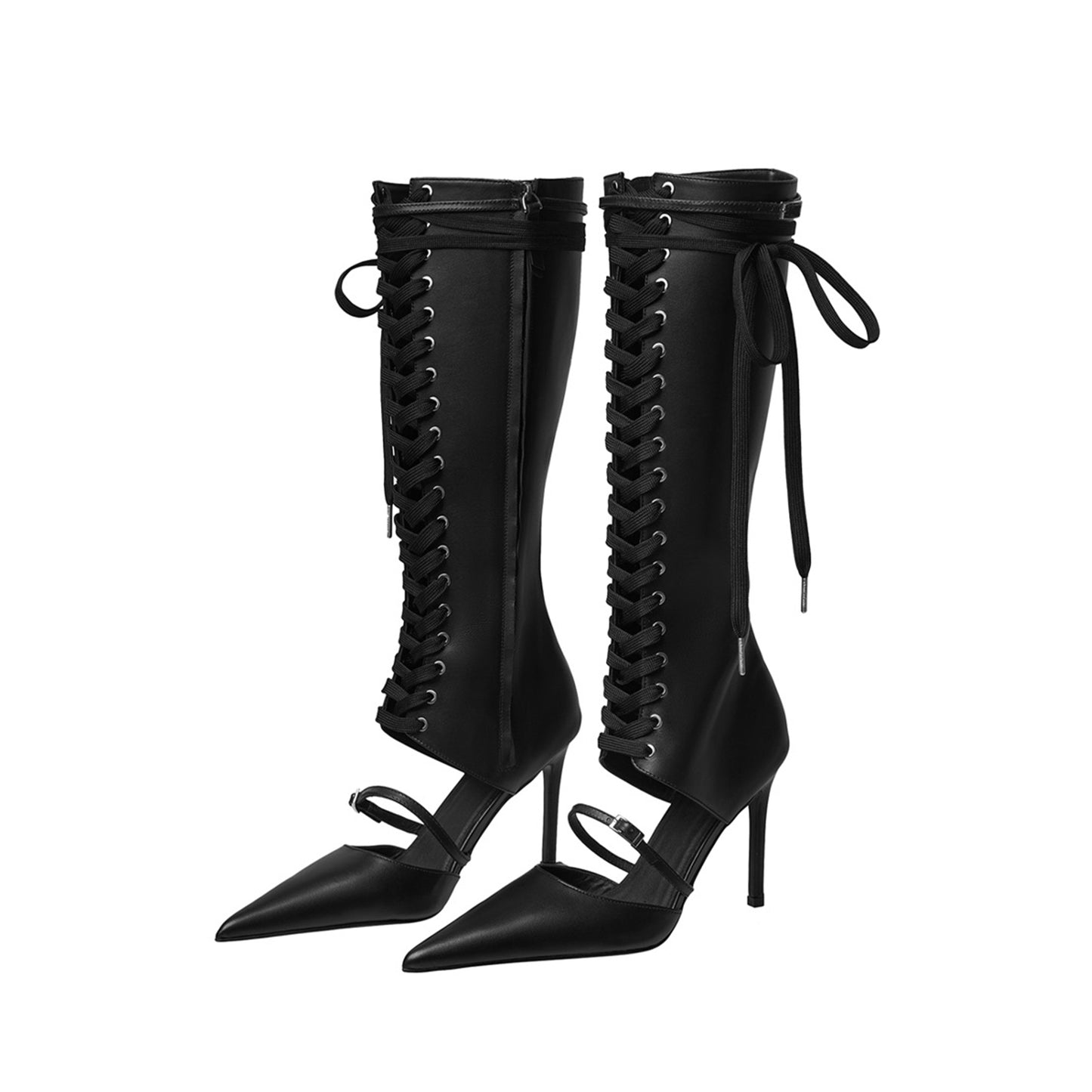 Black Pointed-Toe Front Lace-Up Full-Zip Knee High Stiletto Boots
