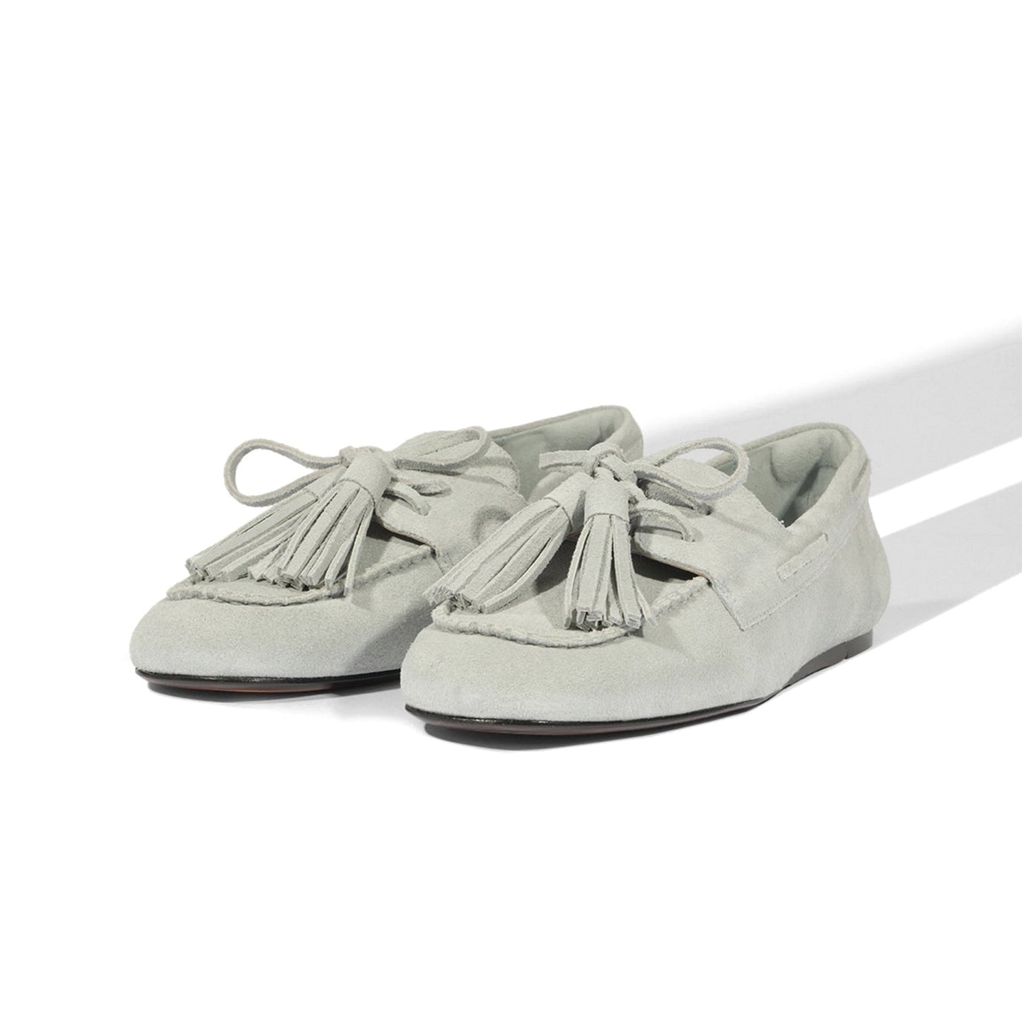 Light Gray Faux Suede Square-Toe Front Bow With Fringe Slip-On Flats