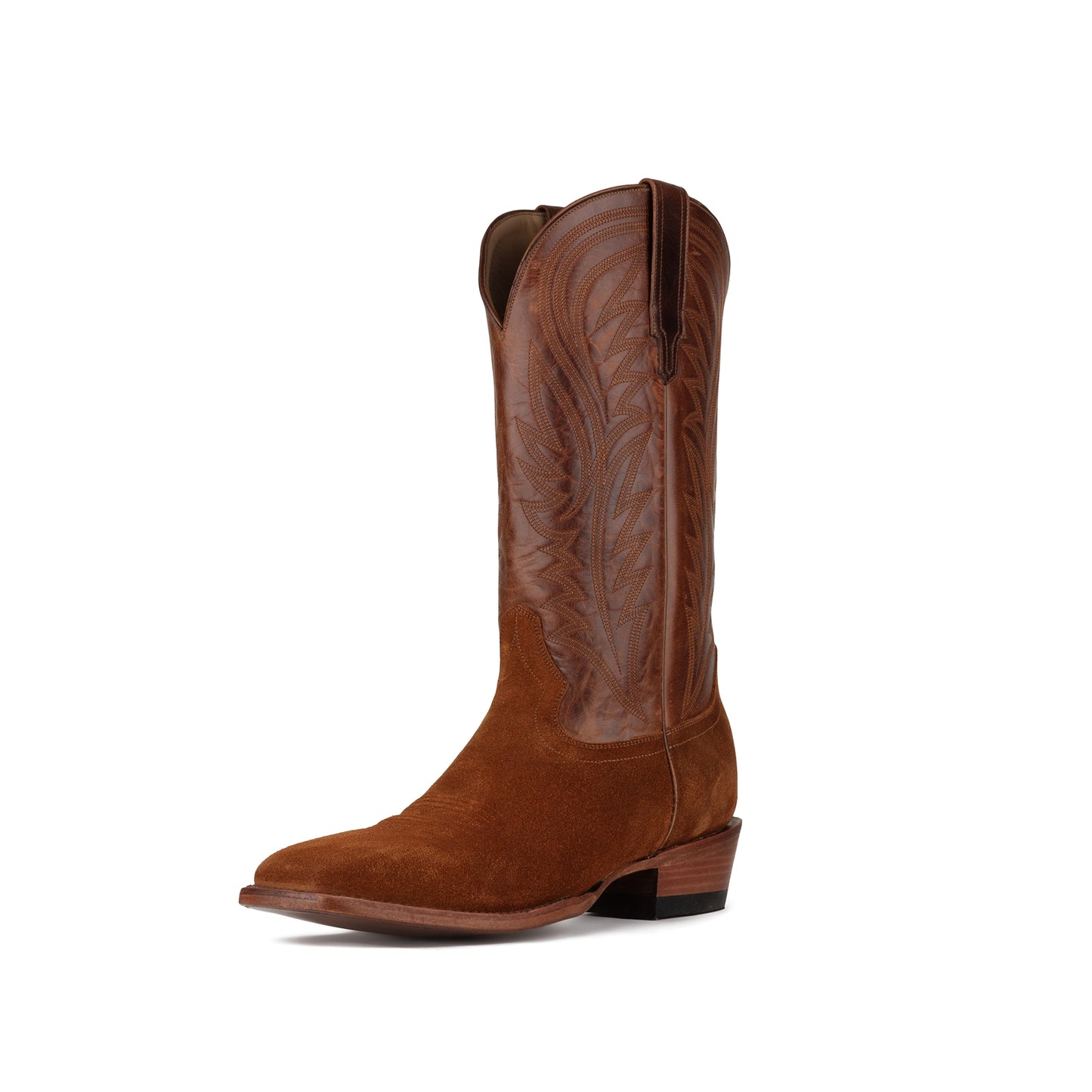 Contrast Brown And Caramel Square-Toe Embroidery Mid Calf Cowgirl Boots