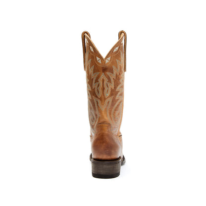 Distressed Tan Square-Toe Embroidery Mid Calf Cowgirl Boots