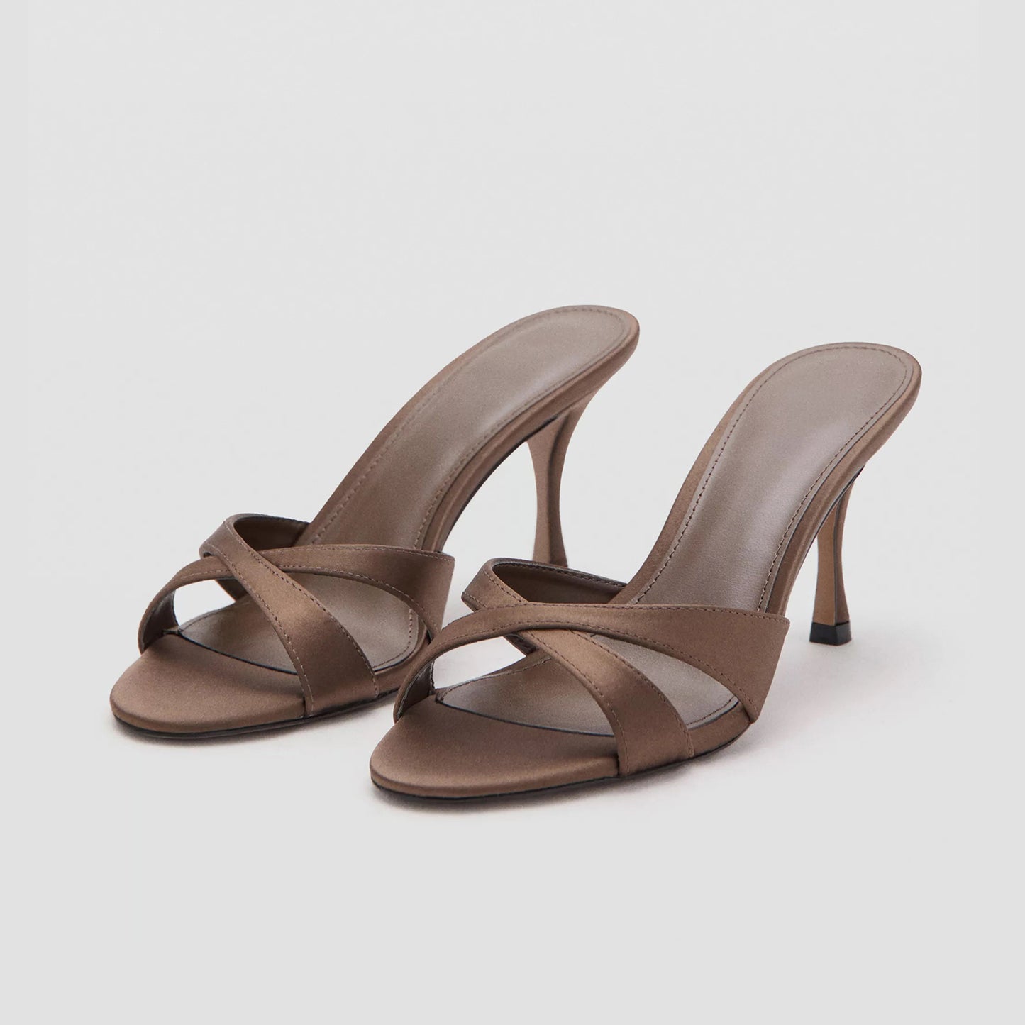 Chocolate Satin Round-Toe Front Crossed Straps Slip-On High Heels
