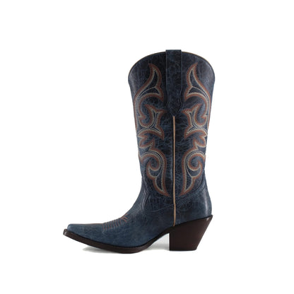 Distressed Dark Blue Snip-Toe Mid Calf Embroidery Cowgirl Boots