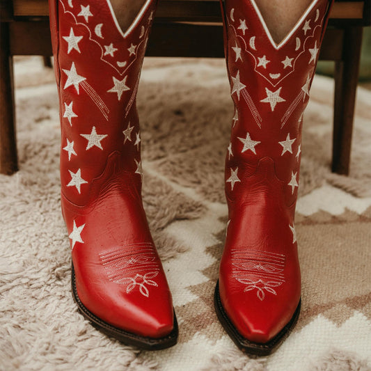 Red Snip-Toe Stars And Moons Embroidery Mid Calf Cowgirl Boots