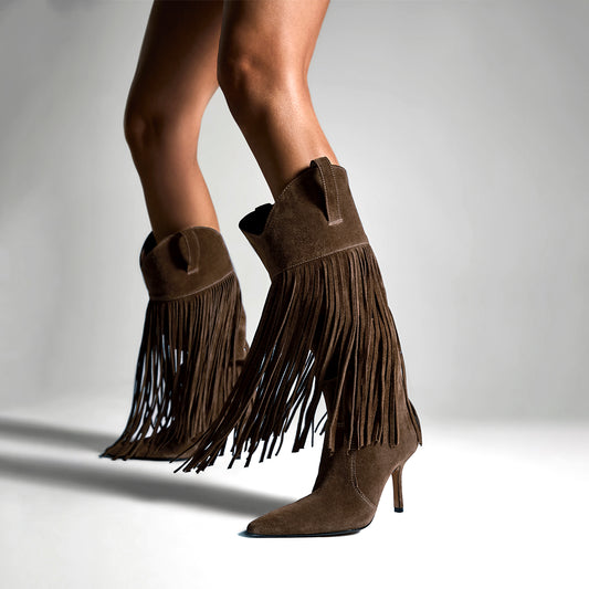 Brown Faux Suede Pointed-Toe Shaft Fringe Mid Calf Stiletto Boots