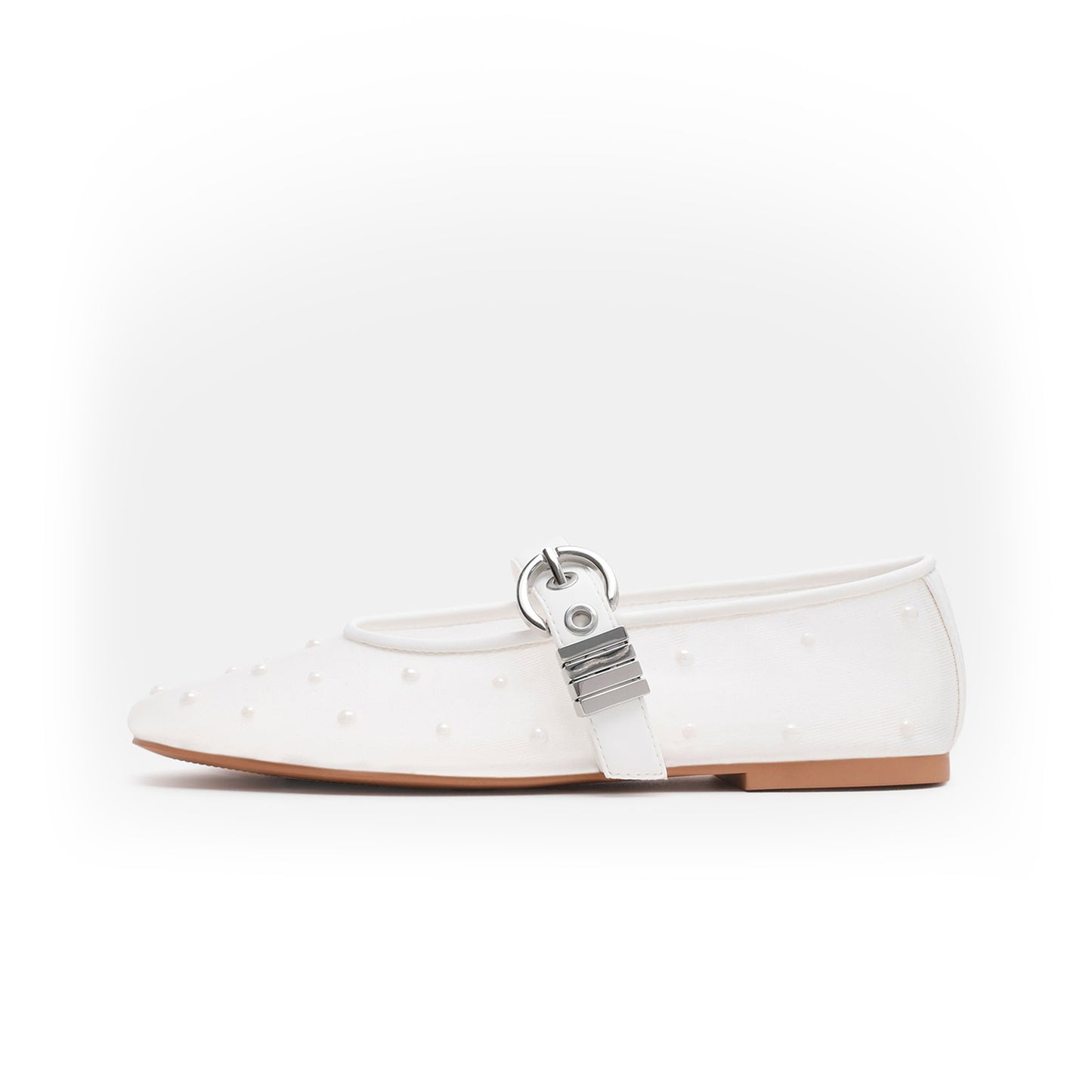 White Studded Mesh Square-Toe Bridge Strap Ballet Flats