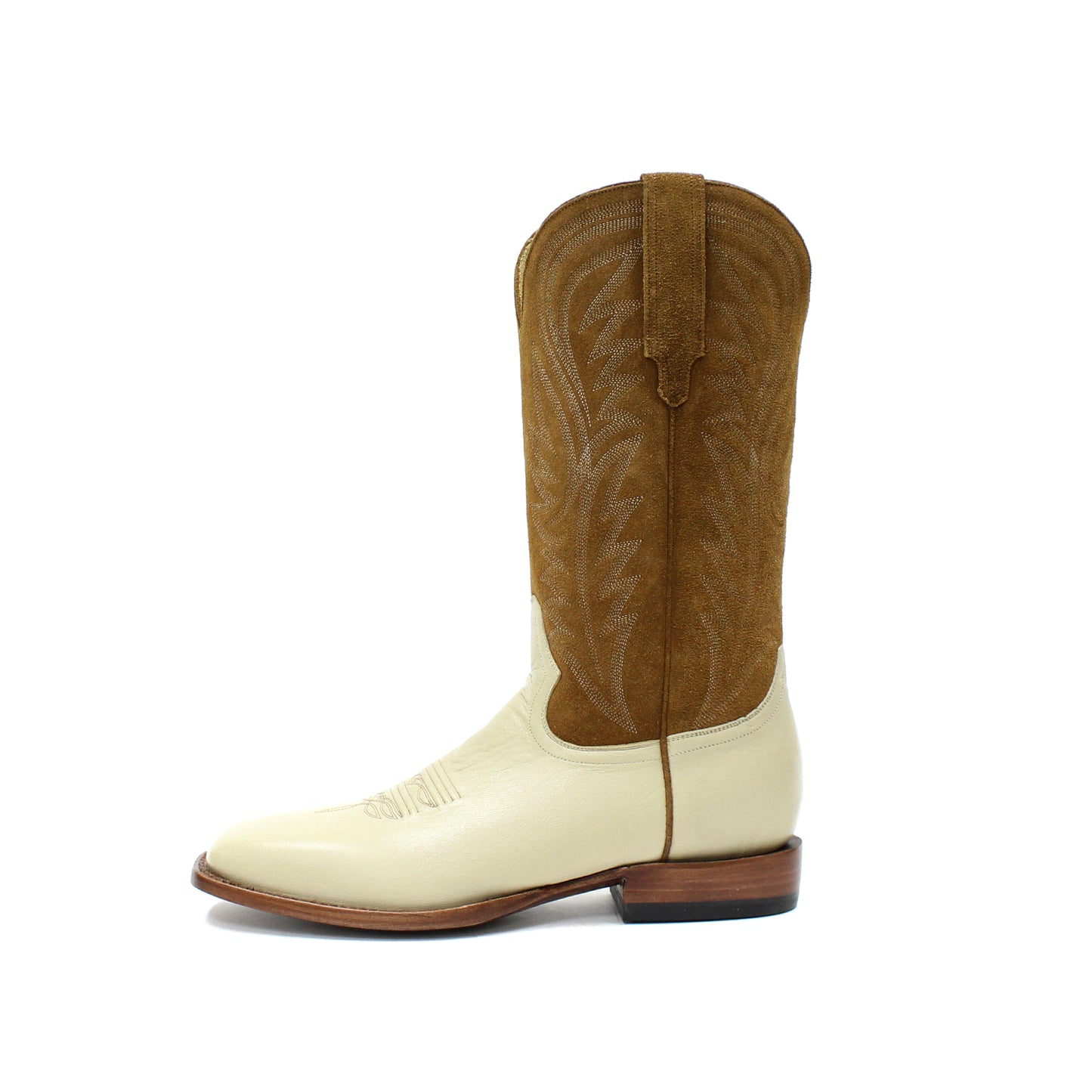 Contrast Brown And Bone Square-Toe Embroidery Mid Calf Cowgirl Boots