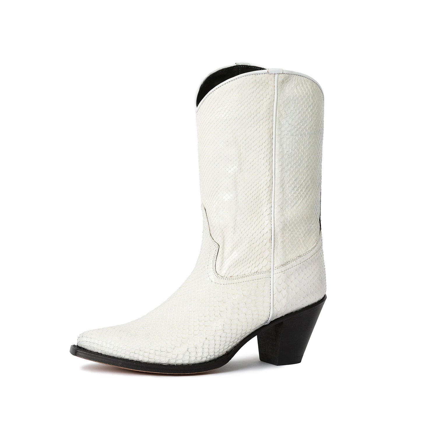 White Snakeskin Print Almond-Toe Chic Mid Calf Cowgirl Boots