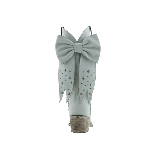 Gray Pointed-Toe Embroidery Back Studded Bow Mid Calf Cowgirl Boots