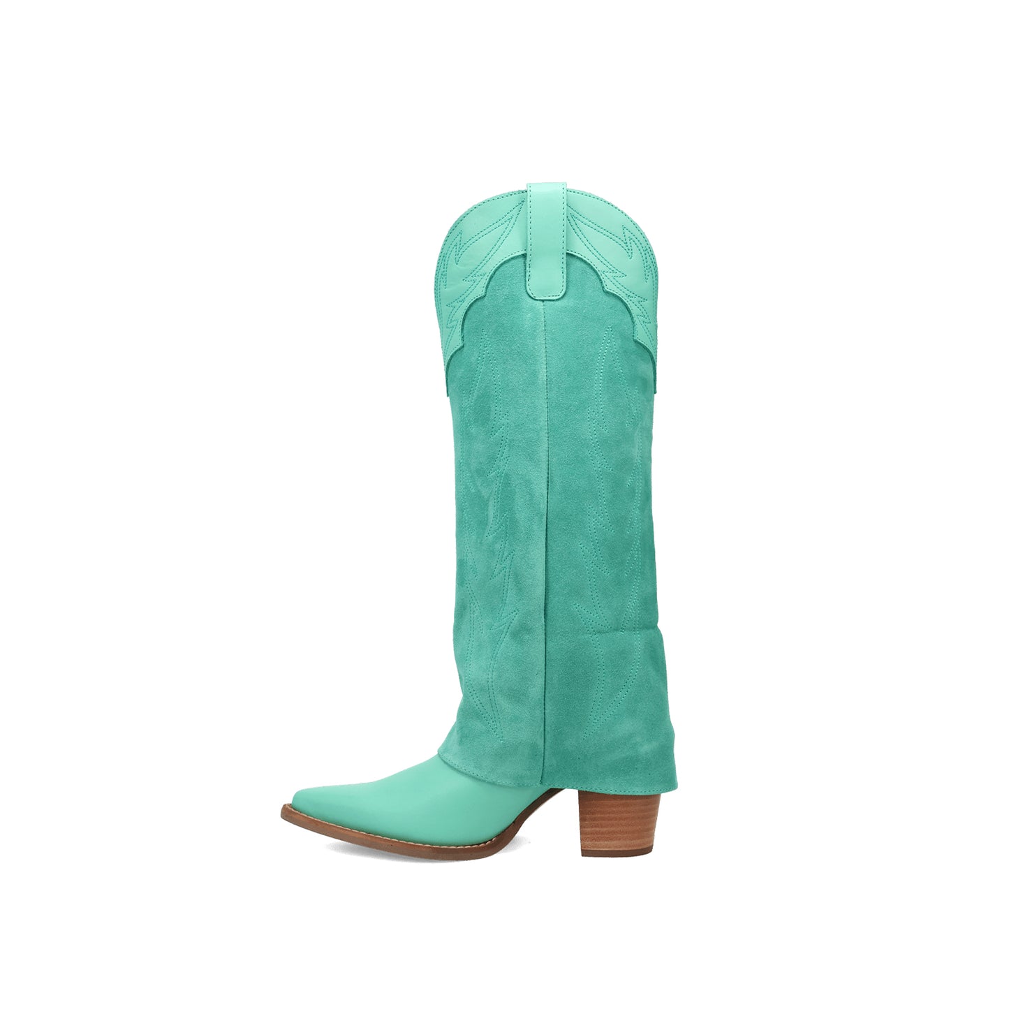 Green Snip-Toe Faux Suede Fold-Over Embroidery Wide Calf Knee High Cowgirl Boots
