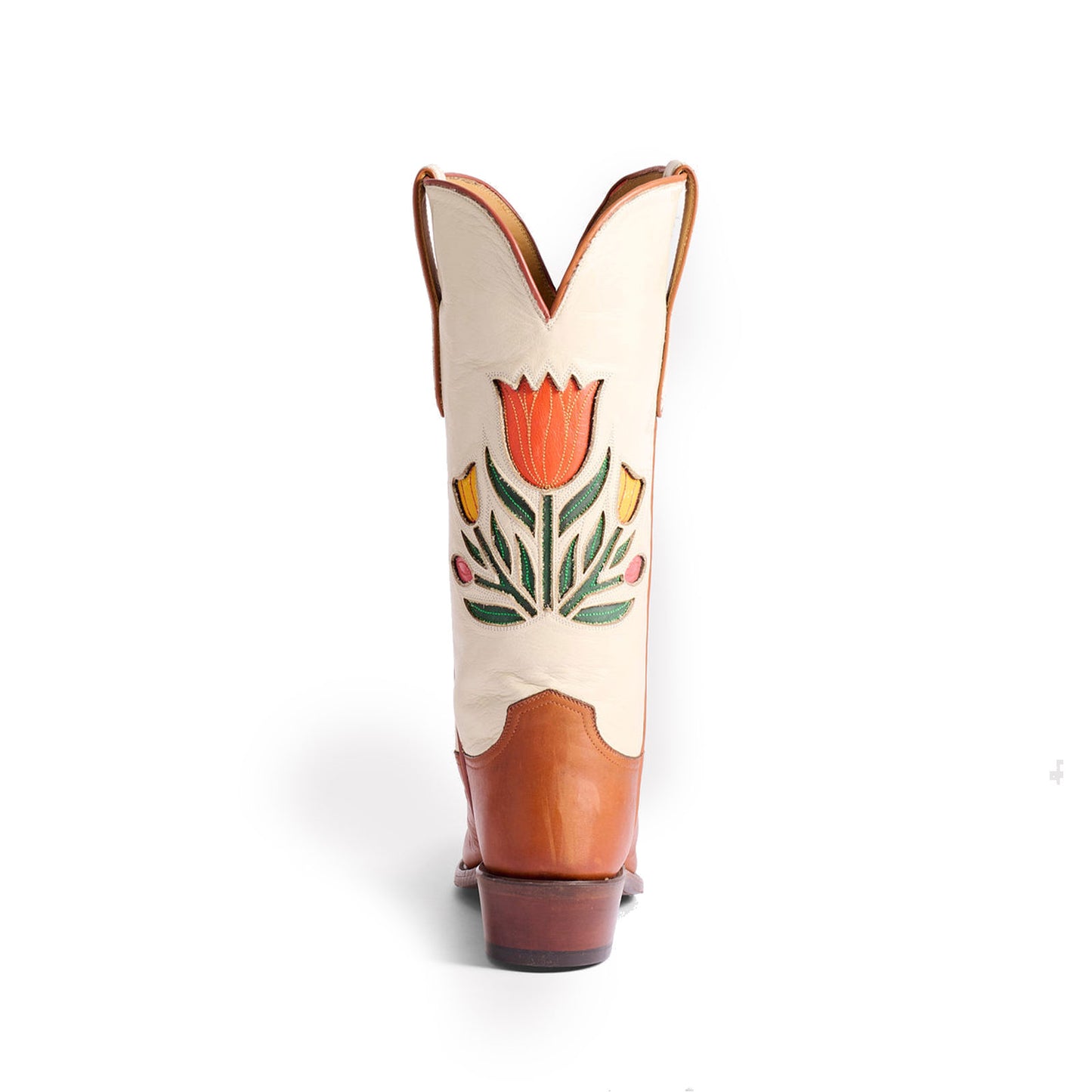 Contrast Cream And Cognac Snip-Toe Colorful Tulips Inlay Mid Calf Cowgirl Boots
