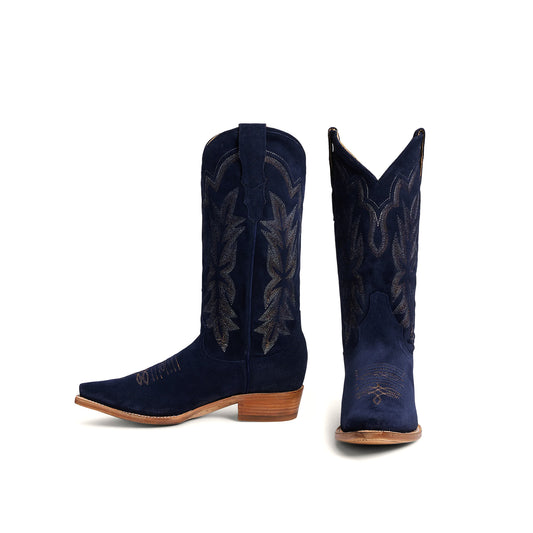 Dark Blue Faux Suede Snip-Toe Embroidery Mid Calf Cowgirl Boots