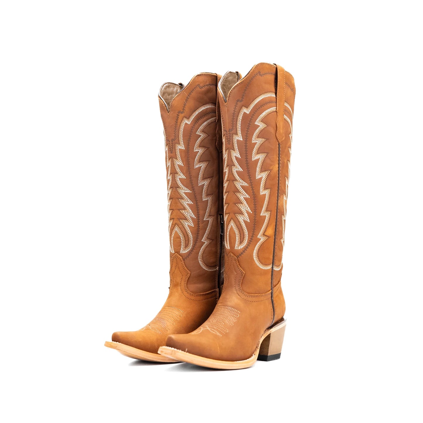 Tan Snip-Toe Thread Stitching Half-Zip Knee High Cowgirl Boots