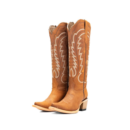 Tan Snip-Toe Thread Stitching Half-Zip Knee High Cowgirl Boots