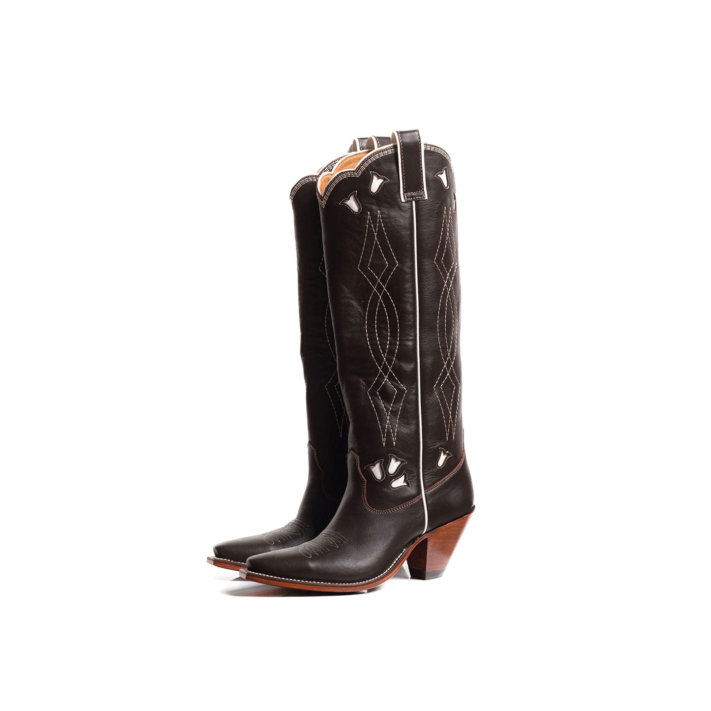 Chocolate Snip-Toe Tulip Inlay Embroidery Wide Calf Knee High Cowgirl Boots