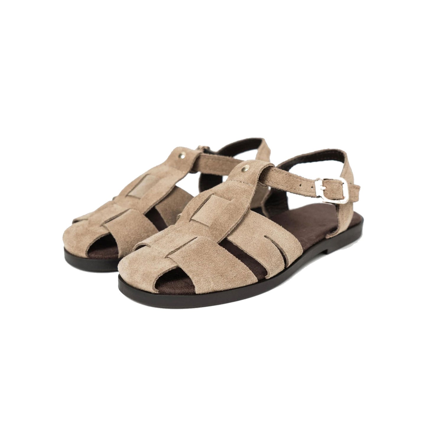 Taupe Cow Suede Round-Toe Caged Detail Buckle Sandals Flats