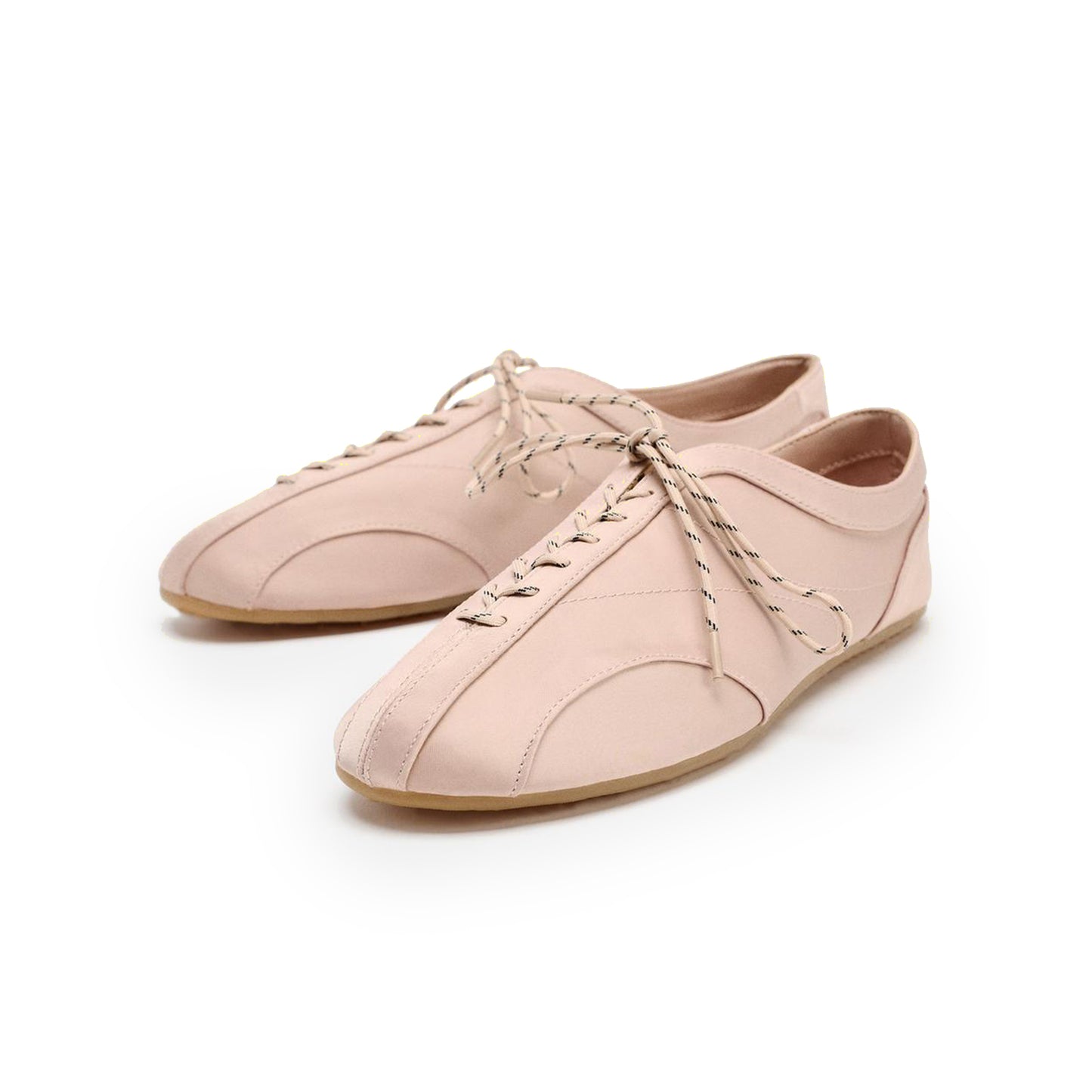 Blush Pink Satin Round-Toe Lace-Up Chic Ballet Flats