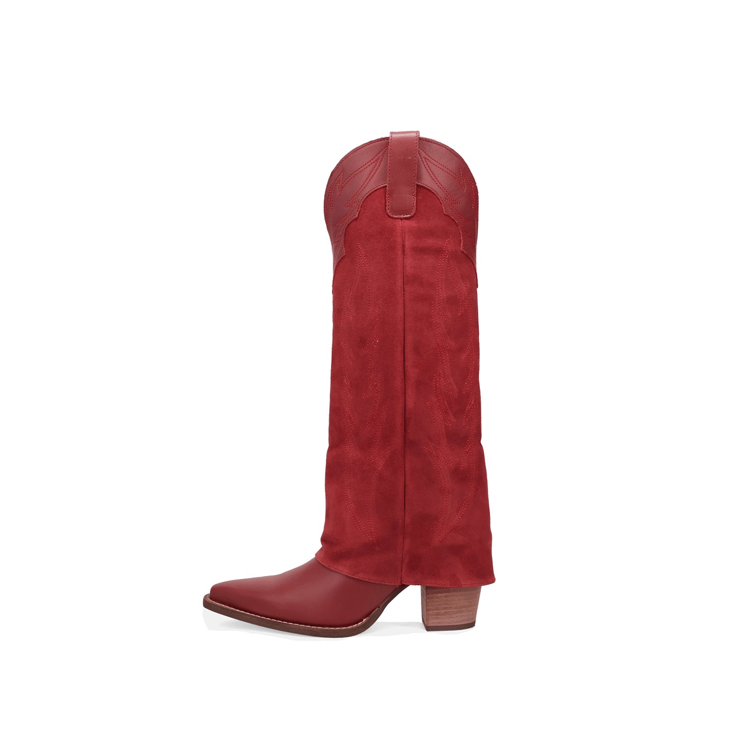 Red Snip-Toe Faux Suede Fold-Over Embroidery Wide Calf Knee High Cowgirl Boots