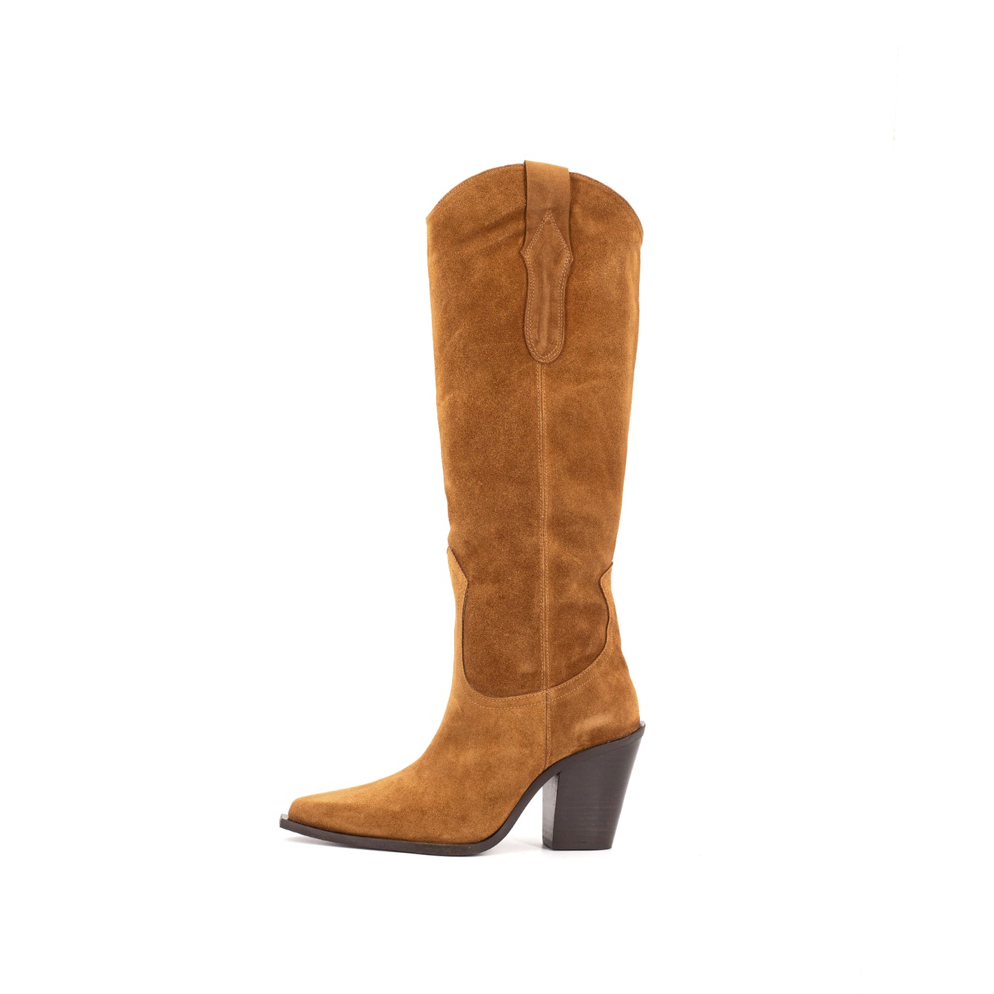 Cognac Faux Suede Pointed-Toe Simple Wide Calf Knee High Cowgirl Boots