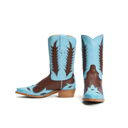 Contrast Blue And Brown Snip-Toe Embroidery Mid Calf Cowgirl Boots