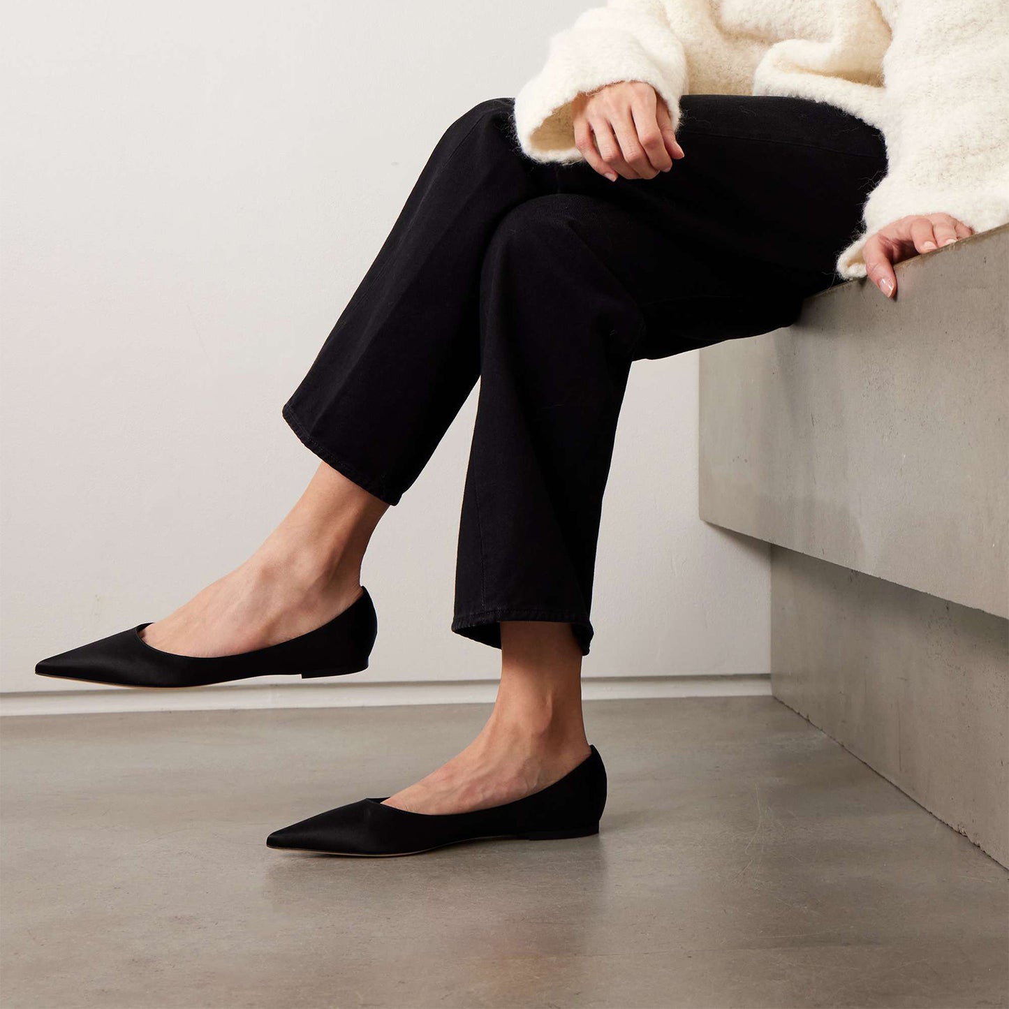Black Satin Pointed-Toe Slip-On Simple Ballet Flats