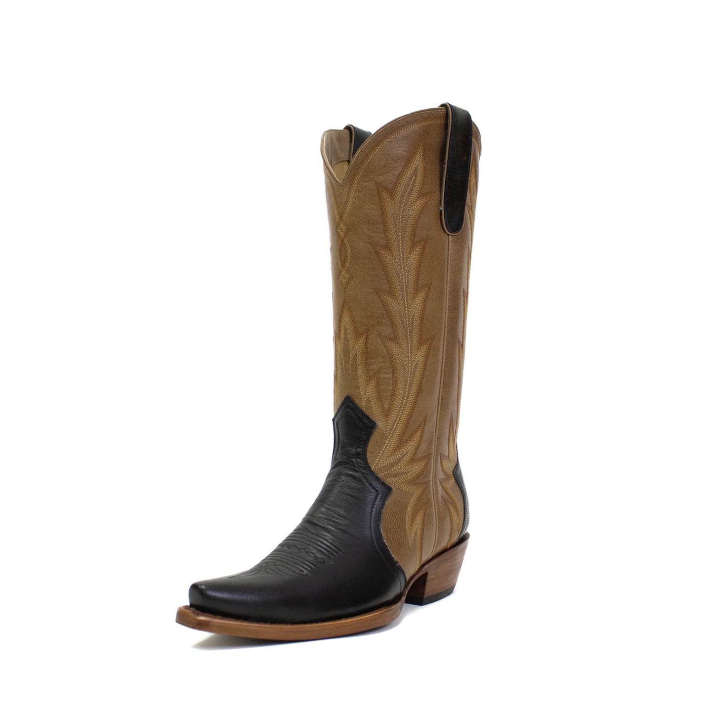 Contrast Brown And Black Snip-Toe Western Embroidery Classic Mid Calf Cowgirl Boots