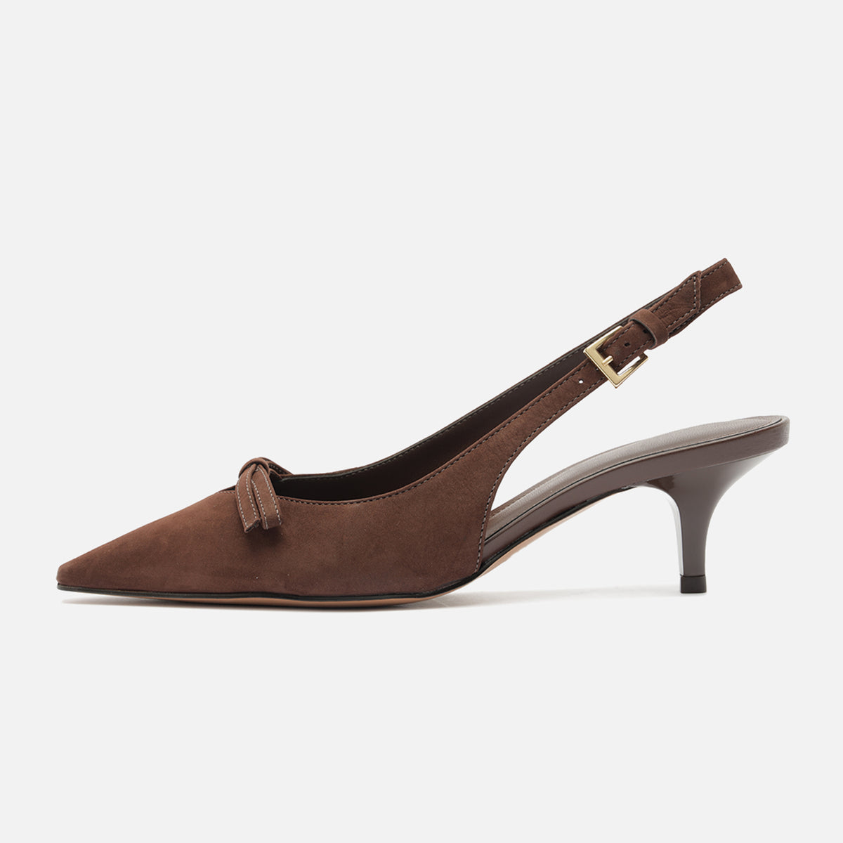 Coffee Faux Suede Chic Pointed-Toe Front Bow Buckle Slingback Kitten Heels