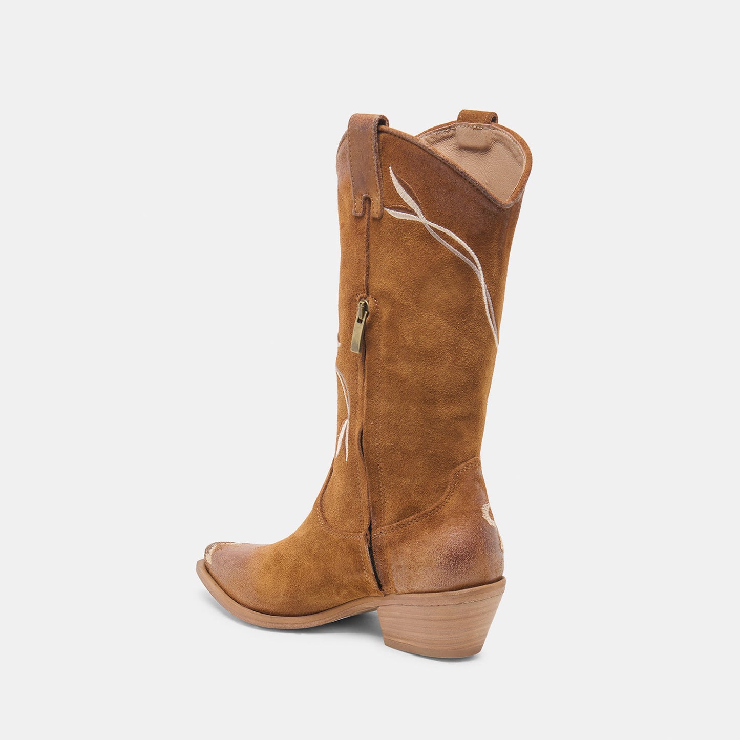 Tan Faux Suede Almond-Toe Stylish Floral Embroidery Half-Zip Mid Calf Cowgirl Boots