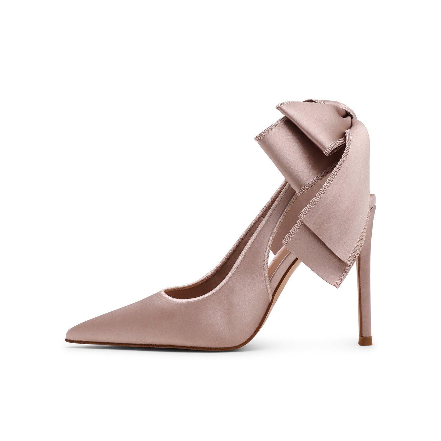 Taupe Satin Pointed-Toe Slingback High Heels Pumps With Big Back Bow