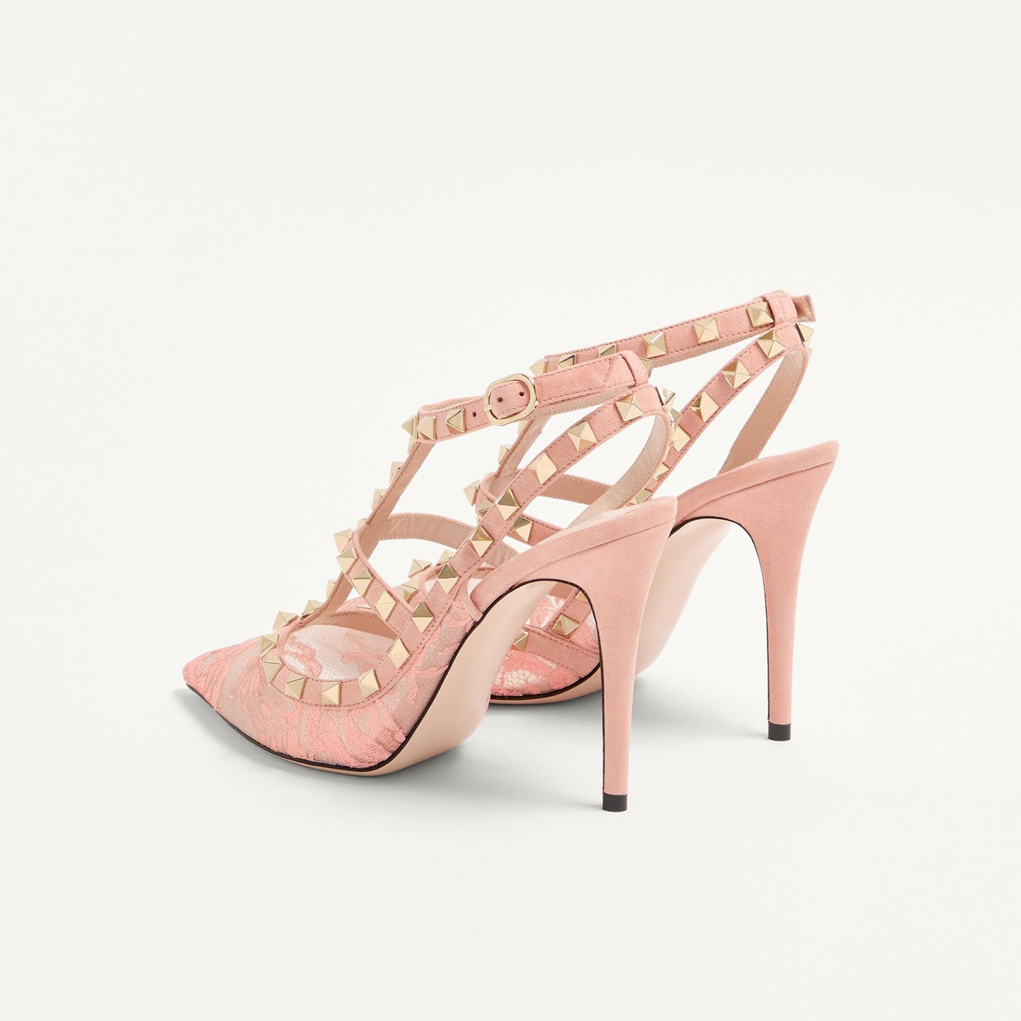Pink Lace Mesh Pointed-Toe Studded Strappy Slingback High Heels