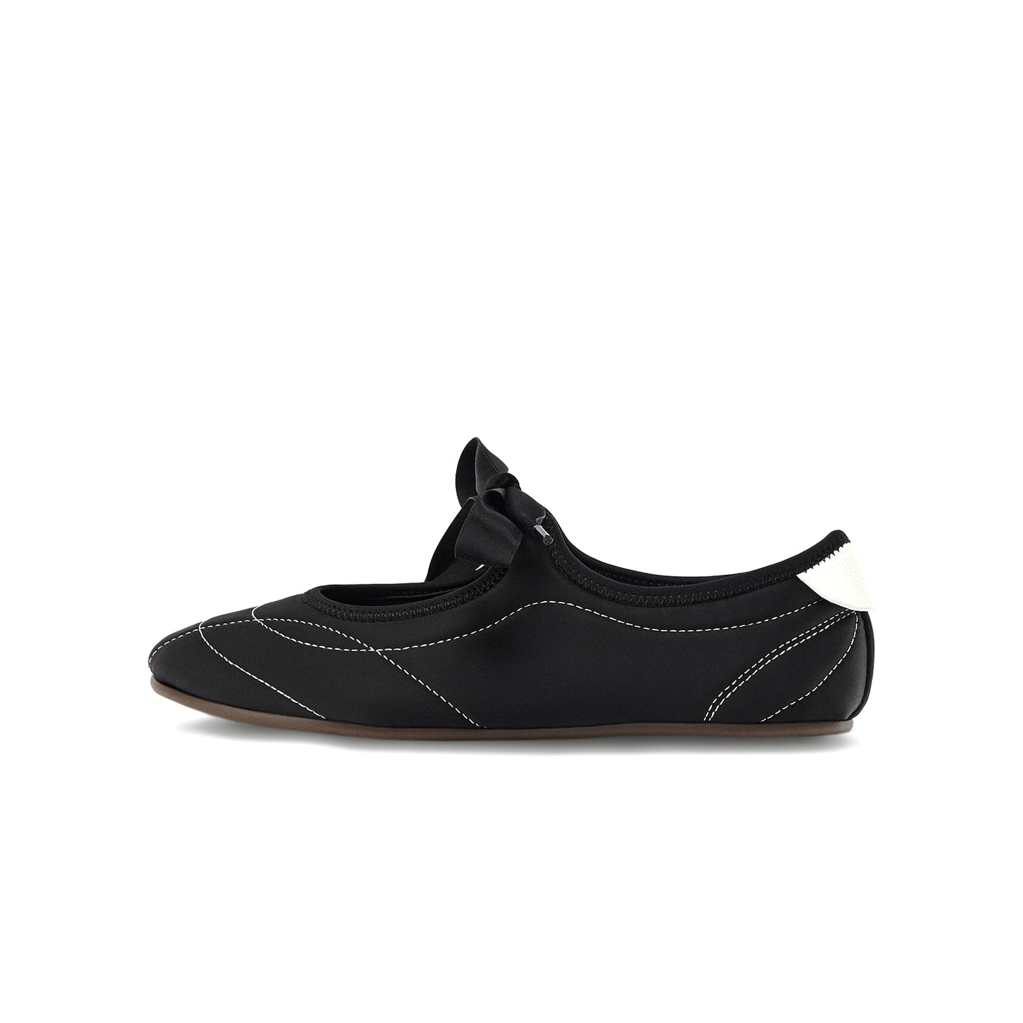 Black Satin Round-Toe Chic Stitch Bridge Strap Flats