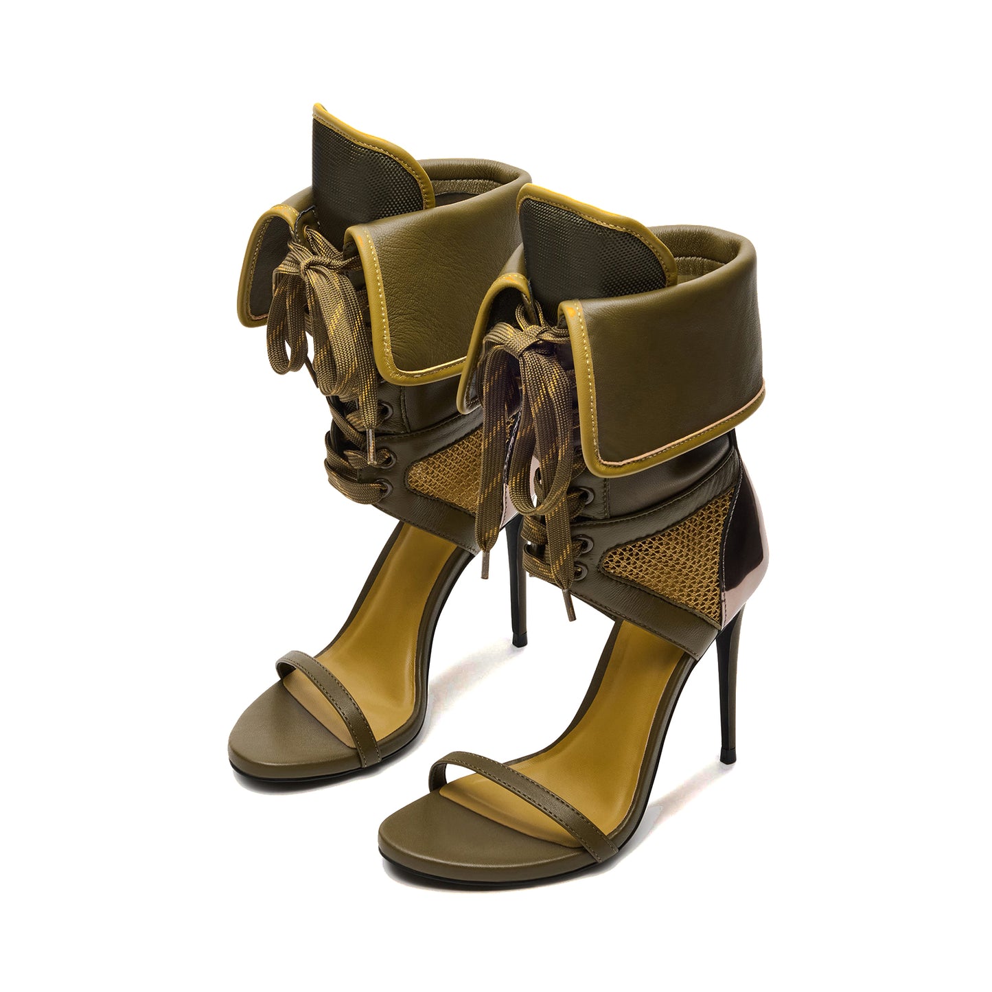Green Open Round-Toe Mesh And Lace-Up Shaft Back Metallic Design Stiletto High Heels