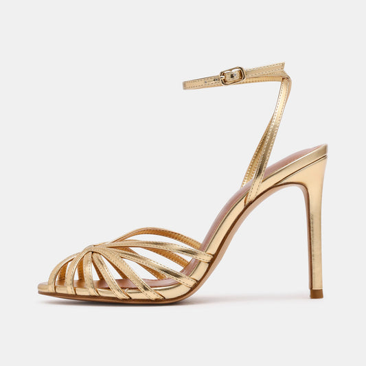 Metallic Gold Round-Toe Strappy Ankle And Back Straps Stiletto Heels