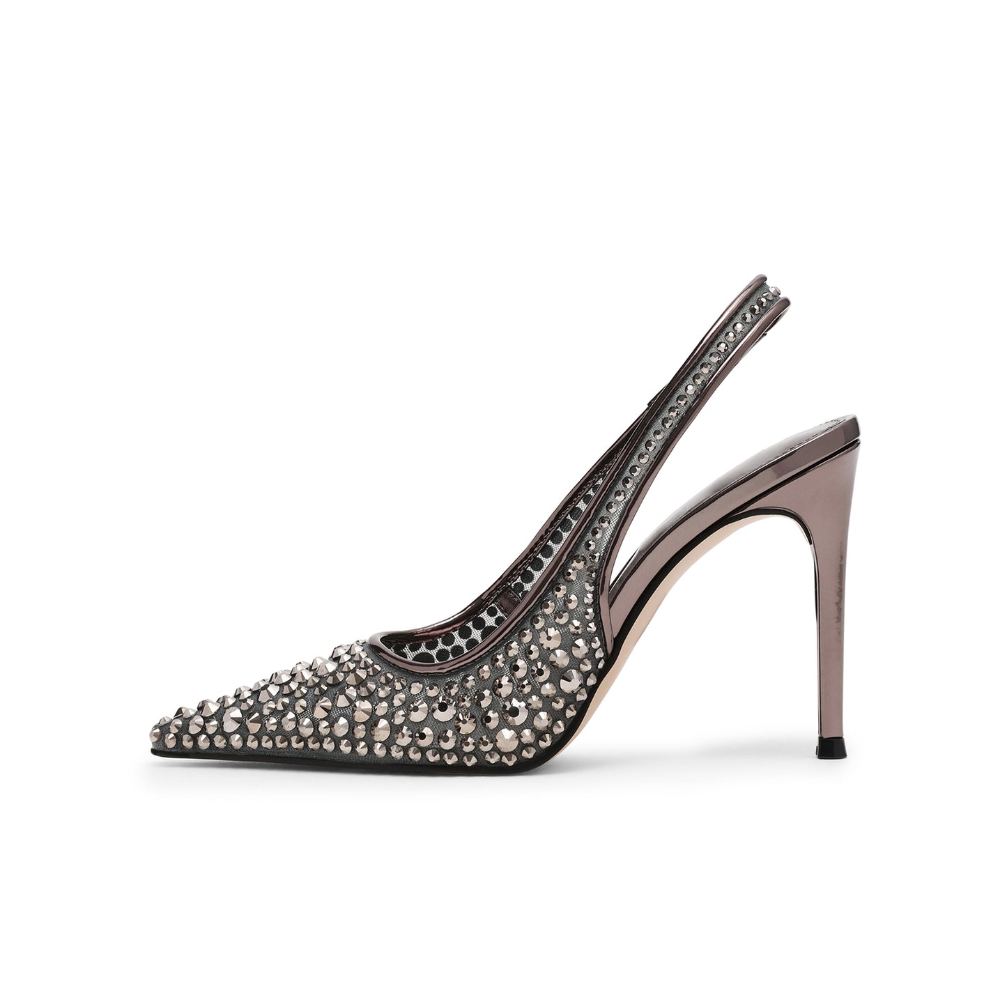 Pewter Mesh With Rhinestones Pointed-Toe Slingback High Heels Pumps