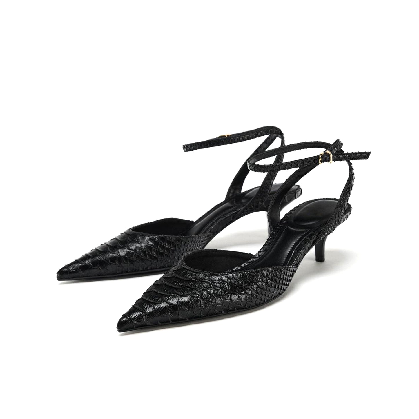 Black Snakeskin Print Pointed-Toe Ankle Strap Kitten Heels