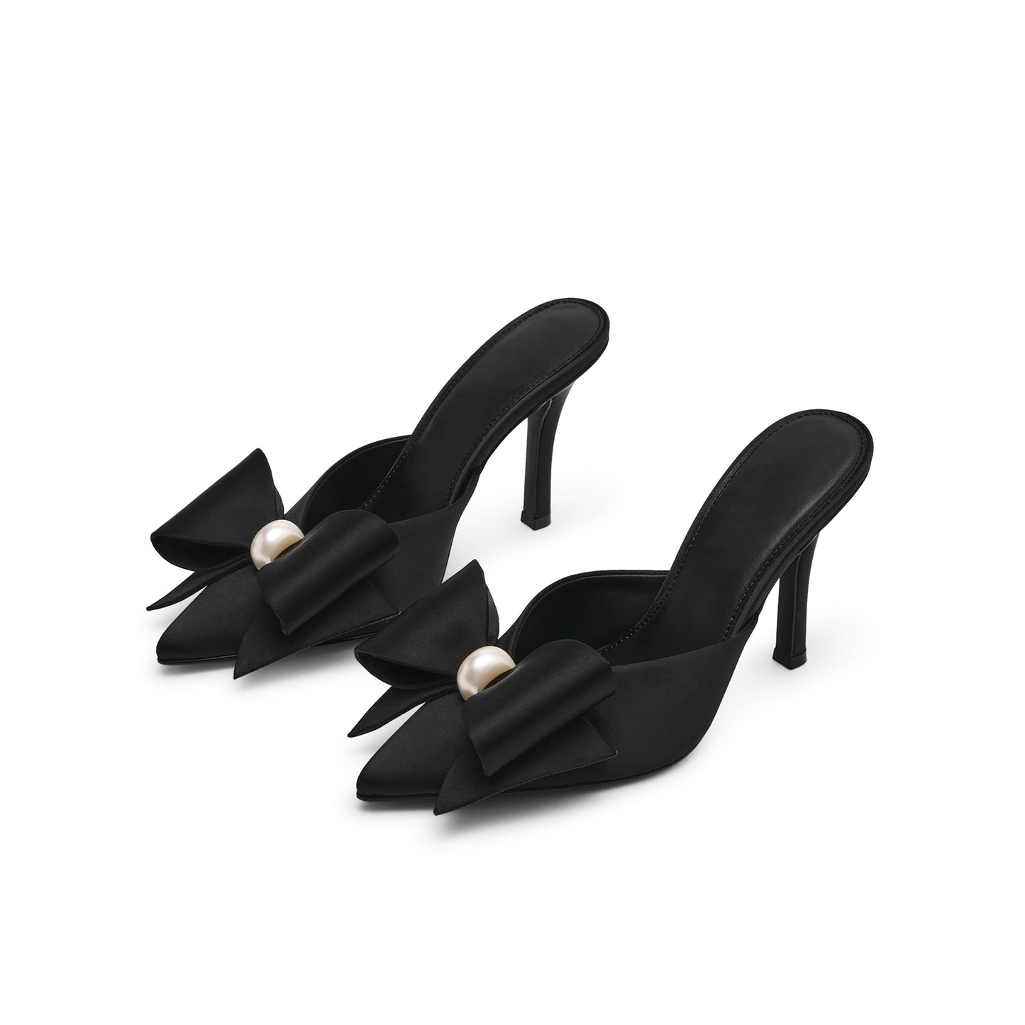 Black Satin Pointed-Toe Front Big Bow Slip-On Backless High Heels