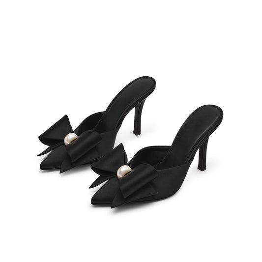 Black Satin Pointed-Toe Front Big Bow Slip-On Backless High Heels