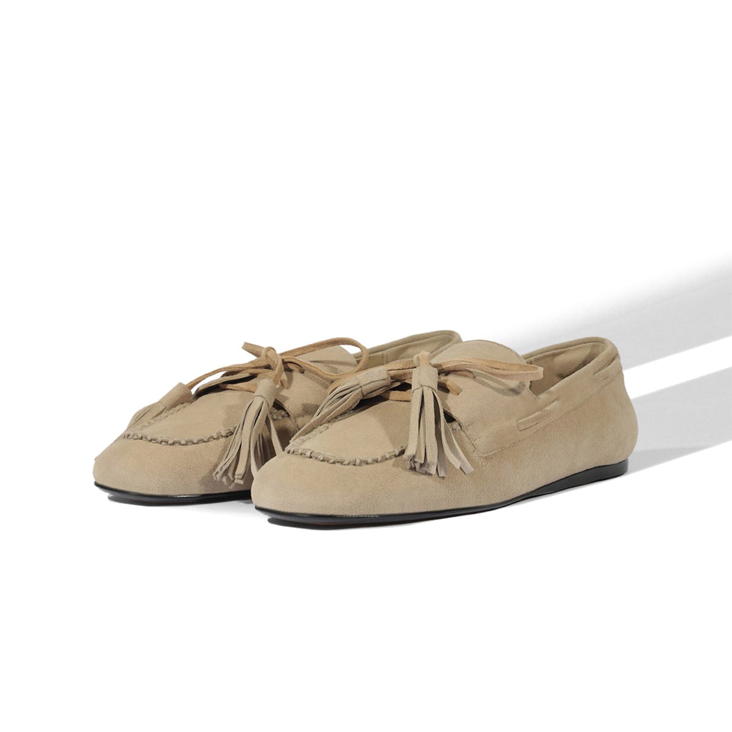 Light Khaki Faux Suede Square-Toe Front Bow With Fringe Slip-On Flats