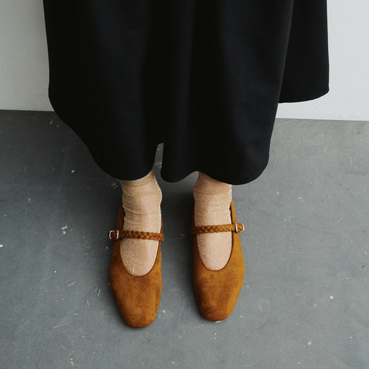 Coffee Faux Suede Square-Toe Delicate Buckle Mary Jane Ballet Flats