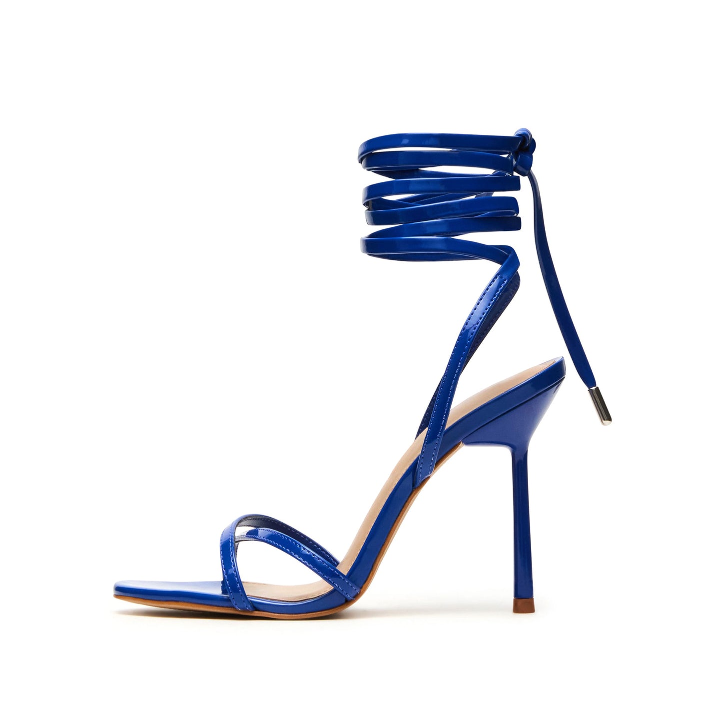Patent Blue Round-Toe Ankle Strappy High Heels
