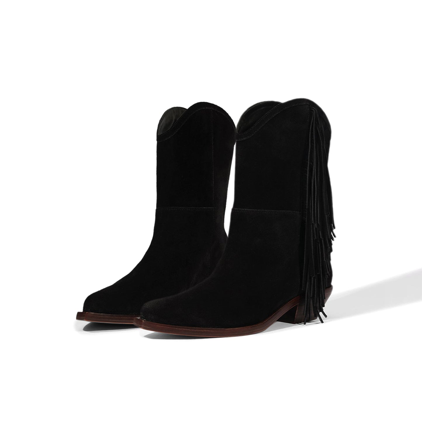 Black Faux Suede Pointed-Toe Side Fringe Mid Calf Cowgirl Boots