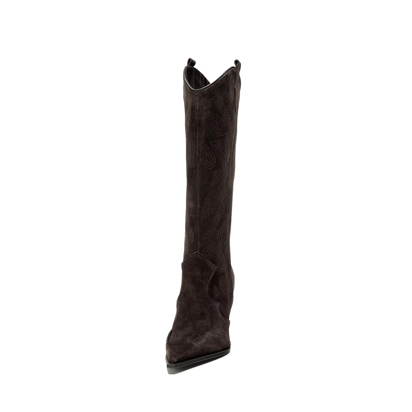 Brown Faux Suede Pointed-Toe Chic Stitch Wide Calf Knee High Cowgirl Boots