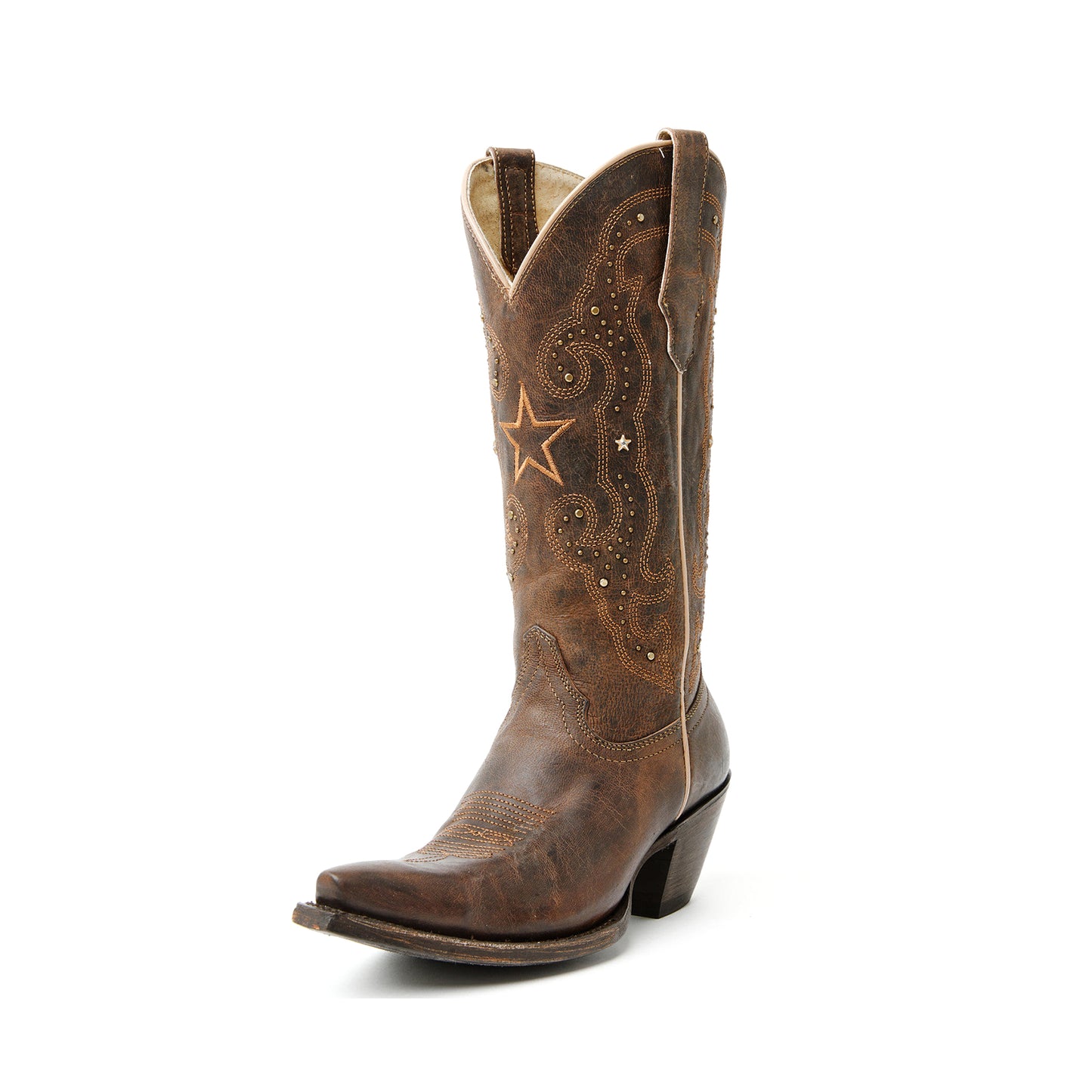 Distreseed Brown Snip-Toe Star Embroidery And Studs Mid Calf Cowgirl Boots