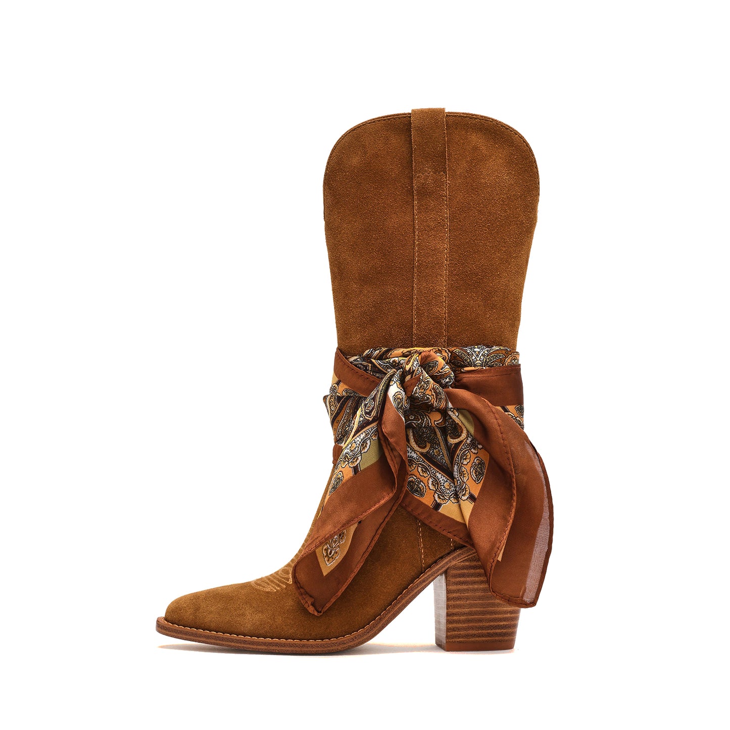 Brown Faux Suede Almond-Toe Classic Simple Mid Calf Cowgirl Boots
