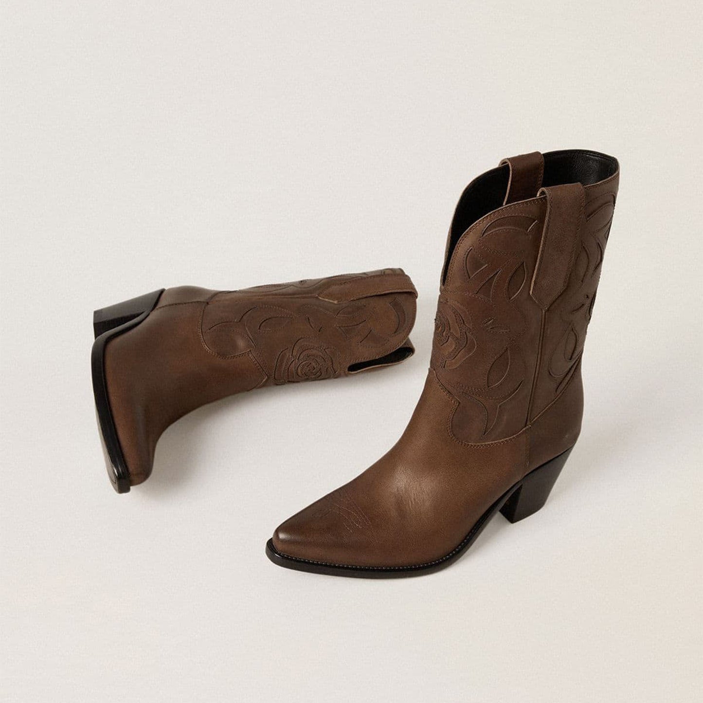 Dove Gray Snip-Toe Rose Inlay Mid Calf Cowgirl Boots