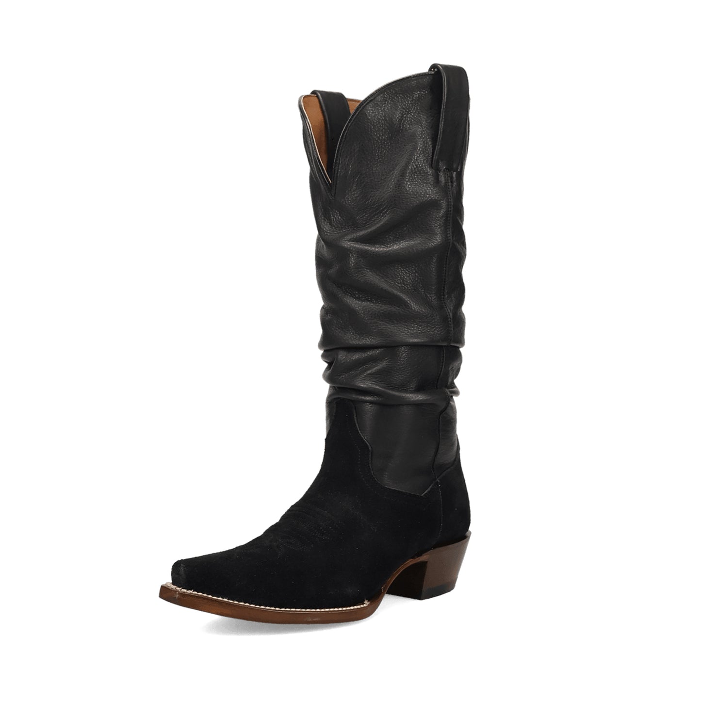 Black Contrast Vegan Leather And Faux Suede Snip-Toe Slouch Chic Mid Calf Cowgirl Boots